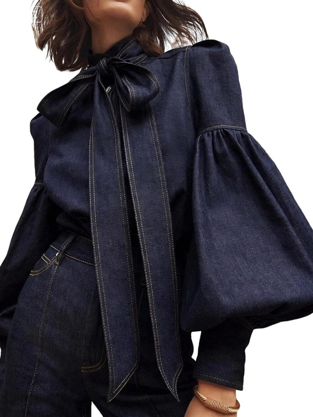 Chic Denim Blouse with Bow Detail | Long Puff Sleeve Jean Top for Women